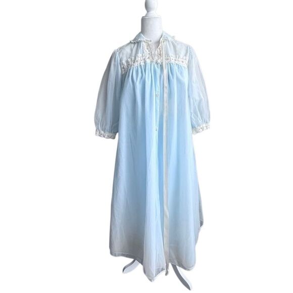 Tula Vintage 1940's Two Piece Set Nightgown Robe Blue Romantic Retro Lace Beaded - Picture 15 of 15